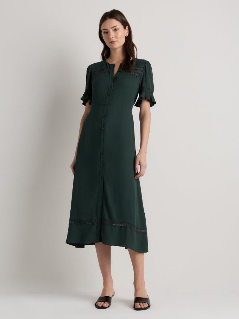 Quince Women's Forest GreenLightweight Crepe Lace Inset Midi Dress In SIze L NWT